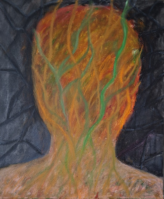 Olieverf schilderij, kop in zwart van Nella Montfoort