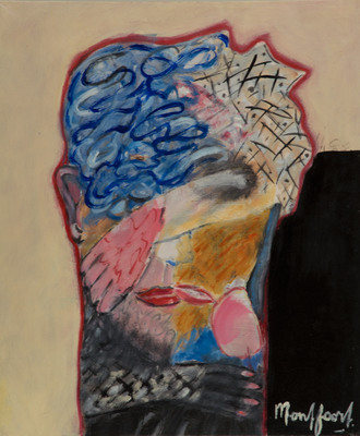 Olieverf schilderij, kop met blauw van Nella Montfoort