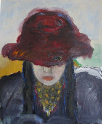 Olieverf schilderij, vrouw kop rode hoed van Nella Montfoort