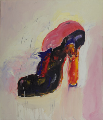 Olieverf schilderij, pump roze zwart van Nella Montfoort