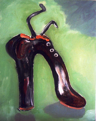 Olieverf schilderij, bruine schoen in groen van Nella Montfoort