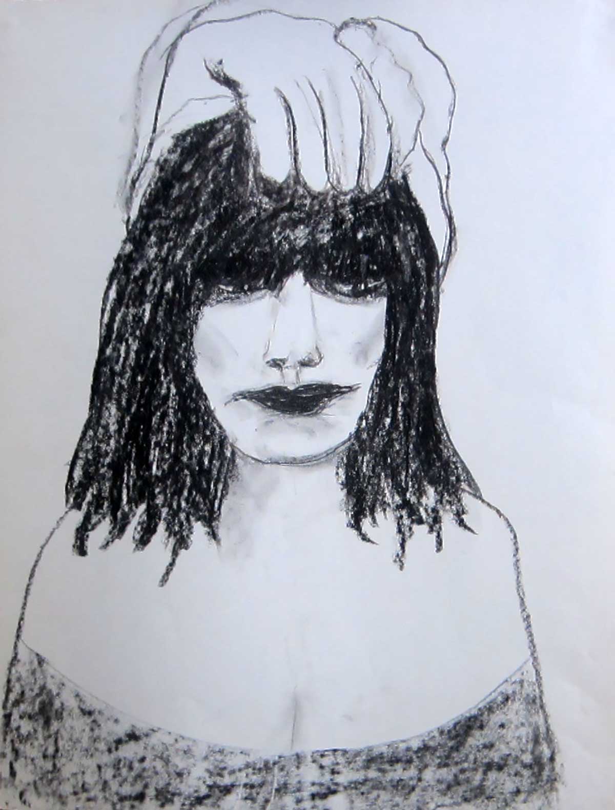 hand op hoofd, houtskool