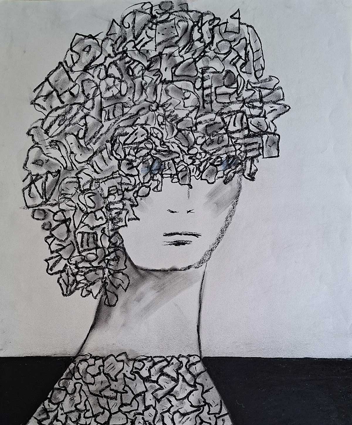 zwart wit kop, houtskool