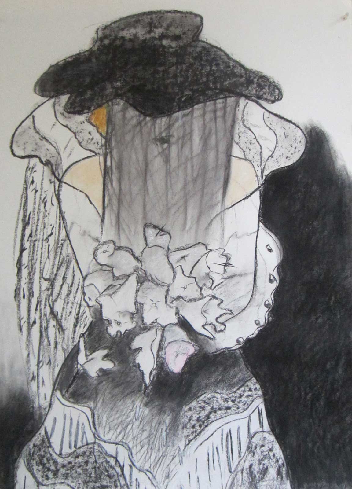 hoedvoile bloemen, houtskool