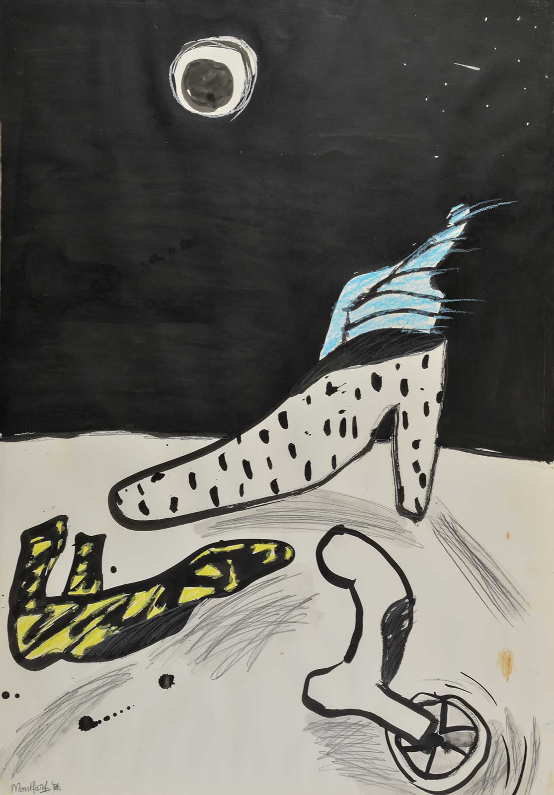 3 schoenen in nacht, gemengde techniek