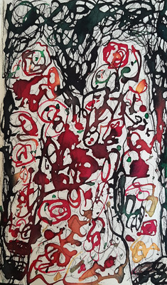 Tekening van Nella Montfoort, rood wild jurk, inkt