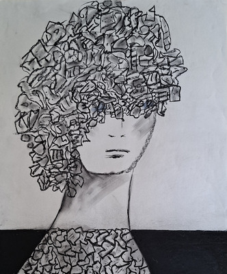 Tekening van Nella Montfoort, zwart wit kop, houtkool