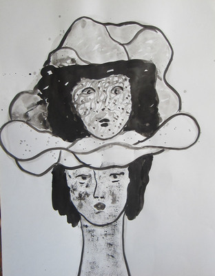 Tekening van Nella Montfoort, twee hoofden, inkt