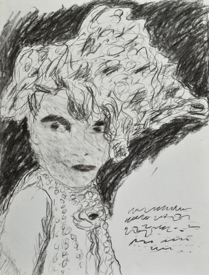 Tekening van Nella Montfoort, kop met tekst, houtskool